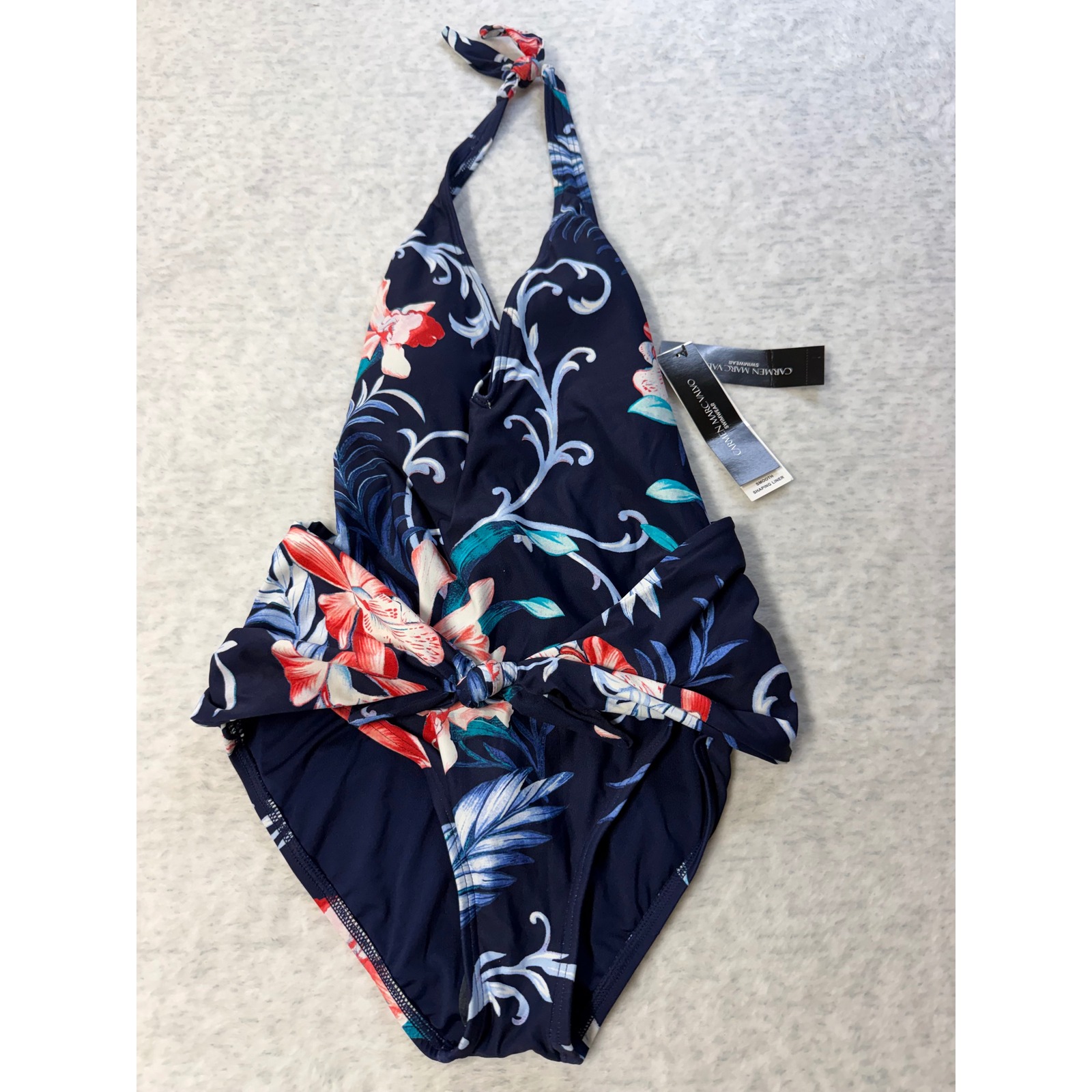 Carmen Marc Valvo Maritime Floral Halter One Piece Swimsuit C3h073 Navy Size 6